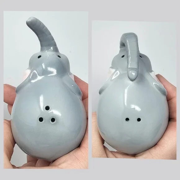Adorable Mom & Baby Elephant Ceramic Salt Pepper Shakers Trunks Up Round Body - Picture 5 of 7